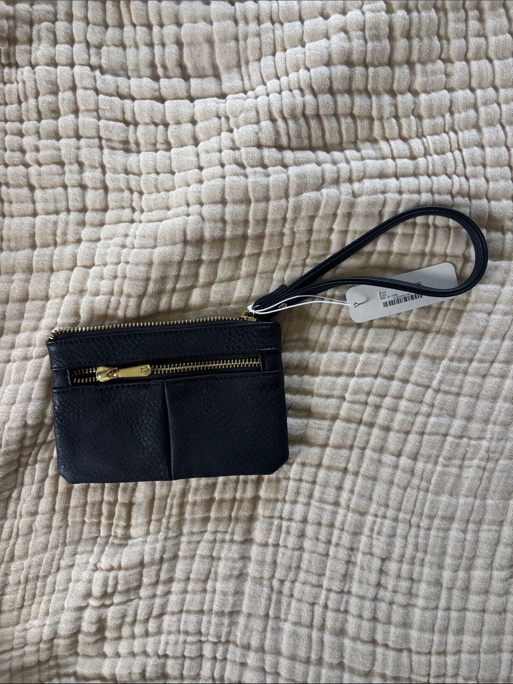 Black Leather Wristlet Card Holder with Gold Zipper